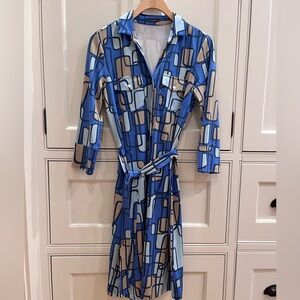 J. McLaughlin Geometric Dress in Blue and Tan